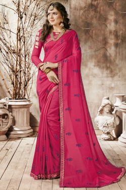 Pretty Pink Georgette Embroidered Casual Saree With Banglori Silk Blouse
