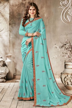 Admirable Sky Blue Georgette Embroidered Saree With Banglori Silk Blouse