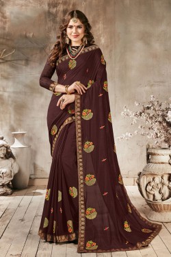 Desirable Brown Georgette Embroidered Saree With Banglori Silk Blouse