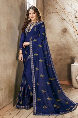 Excellent Navy Blue Georgette Embroidered Saree With Banglori Silk Blouse