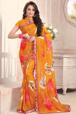 Admirable Mustard Georgette Printed Saree With Georgette Blouse