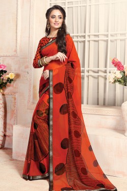 Charming Red Georgette Printed Saree With Georgette Blouse
