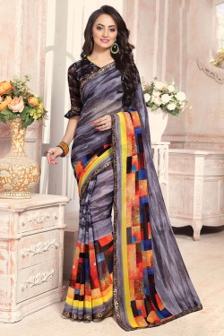 Ultimate Grey Georgette Printed Saree With Georgette Blouse