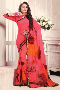 Admirable Peach Georgette Printed Saree With Georgette Blouse