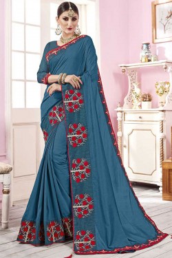 Beautiful Teal Satin and Georgette Embroidered Saree With Banglori Silk Blouse