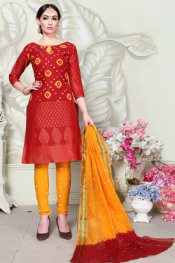 Stylish Red Satin and Cotton Printed Casual Salwar Suit
