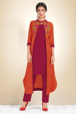 Desirable Orange and Maroon Cotton Designer Embroidered Kurti