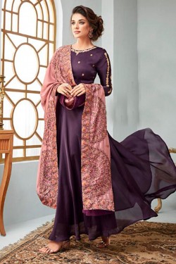 Optimum Violet Satin and Georgette Embroidered Anarkali Salwar Suit