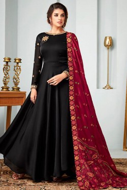 Excellent Black Satin and Georgette Embroidered Anarkali Salwar Suit