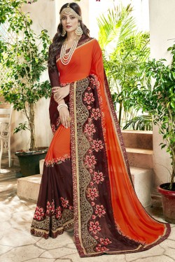 Ultimate Orange and Brown Georgette Embroidered Saree With Banarasi Silk Blouse
