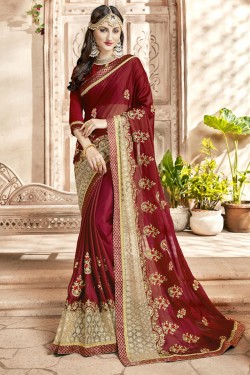 Excellent Maroon Georgette Embroidered Saree With Banarasi Silk Blouse
