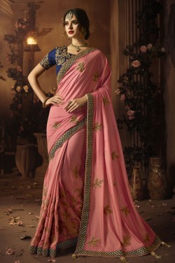 Charming Peach Silk Embroidered Saree With Silk Blouse