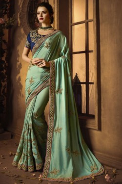Classic Green Silk Embroidered Saree With Silk Blouse