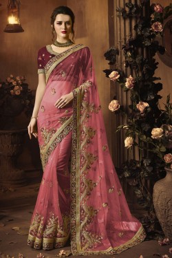 Gorgeous Pink Net Embroidered Saree With Silk Blouse