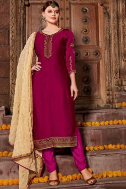 Admirable Maroon Satin and Georgette Embroidered Designer Salwar Suit