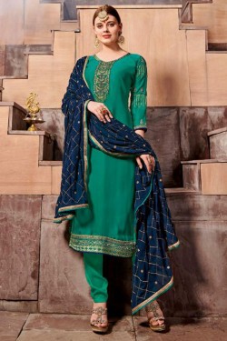 Stylish Green Satin and Georgette Embroidered Designer Salwar Suit