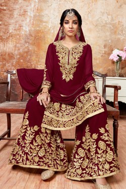 Supreme Maroon Faux Georgette Embroidered Designer Plazo Salwar Suit With Chiffon Dupatta