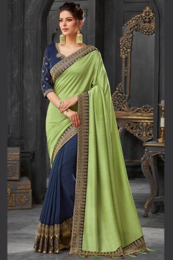 Beautiful Green and Navy Blue Silk Embroidered Saree With Silk Blouse