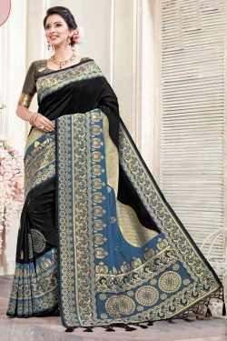 Pretty Black Silk Jaquard Work Saree With Silk Blouse
