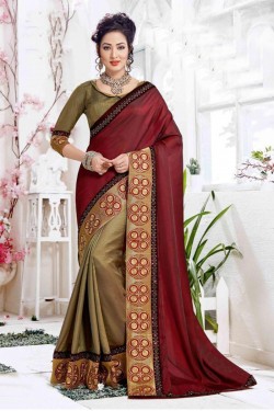 Optimum Maroon and Beige Silk Embroidered Saree With Art Silk Blouse