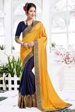 Charming Navy Blue and Yellow Silk Embroidered Saree With Banglori Silk Blouse