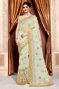 Excellent Turquoise Net Embroidered Designer Saree With Net Blouse