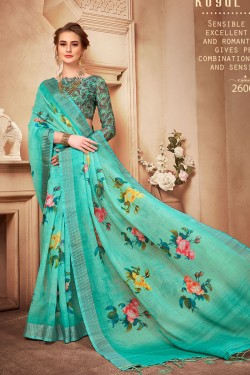 Excellent Turquoise Linen Printed Saree With Linen Blouse