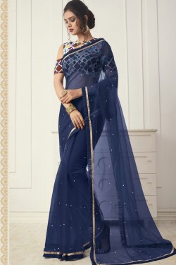 Excellent Blue Net Saree With Satin and Silk Blouse