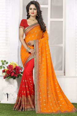 Lovely Orange and Red Embroidery Worked Saree