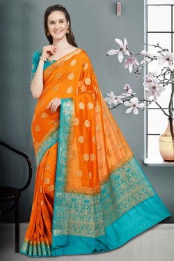 Lovely Orange Banarasi Silk Party Wear Saree 