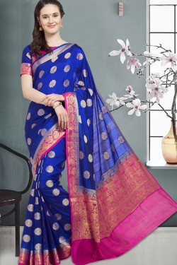 Charming Blue and Pink Woven Worked Saree