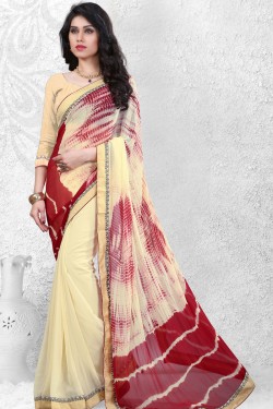 Gorgeous Cream and Red Nazmin and Geogrette Casual Wear Saree
