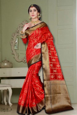 Pretty Red Woven Wroked Sarees
