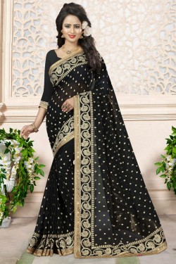 Excellent Black Embroidery Party Wear Saree