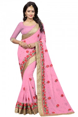 Desirable Pink Lace Border Party Wear Saree