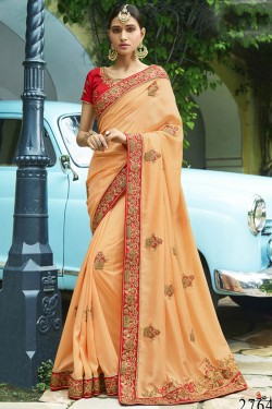 Lovely Peach Silk Embroidered Saree With Silk Blouse