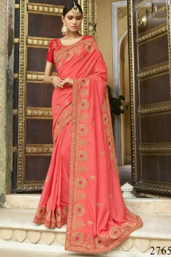 Ultimate Peach Maslin Embroidered Saree With Silk Blouse