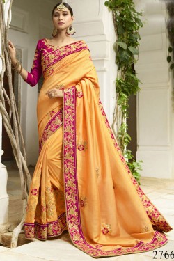 Excellent Mustard Silk Embroidered Saree With Silk Blouse
