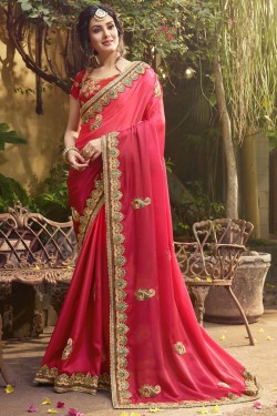 Beautiful Pink Crepe and Silk Embroidered Saree With Dhupion Blouse