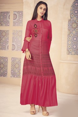 Lovely Pink Cotton Designer Thread Work Kurti