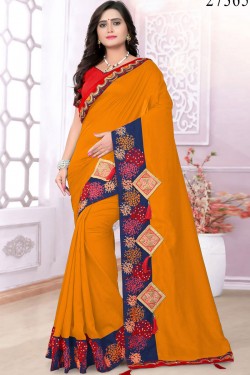 Admirable Orange Silk Embroidered Party Wear Saree With Banglori Silk Blouse