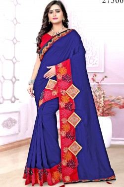Pretty Blue Silk Embroidered Party Wear Saree With Banglori Silk Blouse