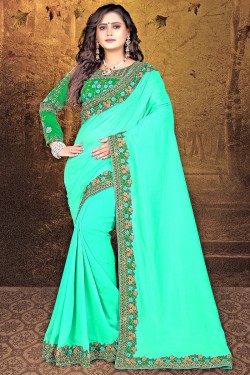 Beautiful Turquoise Silk Embroidered Party Wear Saree With Satin Blouse