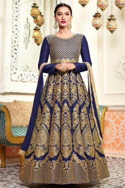Gauhar Khan Pretty Navy Blue Silk Party Wear Hand Worked Anarkali Salwars Suit