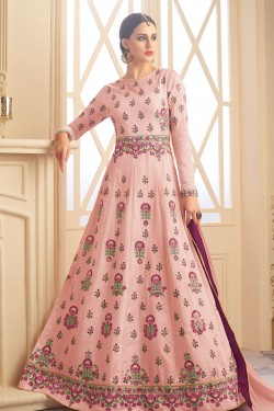 Gorgeous Pink Nailon Silk Long Length Embroidered Work Anarkali Salwars Kameez