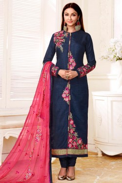 Classic Navy Blue Bhagalpuri Silk Embroidery Worked Salwar Suit