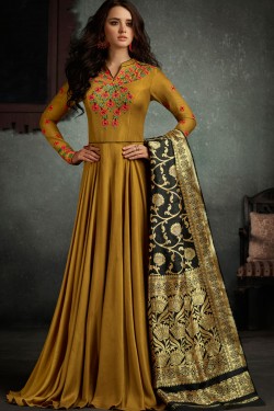 Beautiful Mustard Rayon Embroidery Worked Gown With Jacquard Dupatta