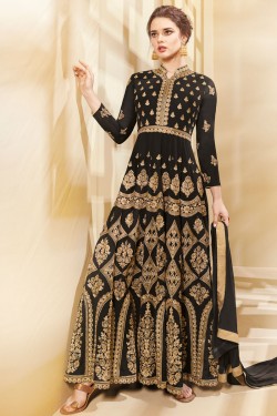 Classic Black Party Wear Long Length Embroidery Worked Salwar Suit