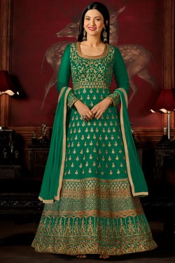Gauhar Khan Stylish Green Gerogette Designer Long length Anarkali Salwar Suit