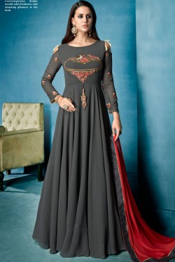 Admirable Grey Embroidered Work Long length Gown